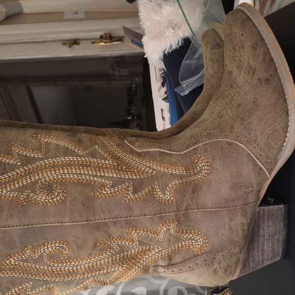 Western Cowgirl  Chunky Heel Mid Calf Snip Toe Vintage Tan Cowboy Boots 9.5 - Picture 6 of 14